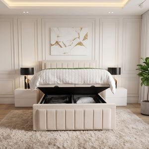 Mayfair Bumper Ottoman Divan Bed by SleepandBeds with padded headboard and storage drawers in a modern bedroom setting.
