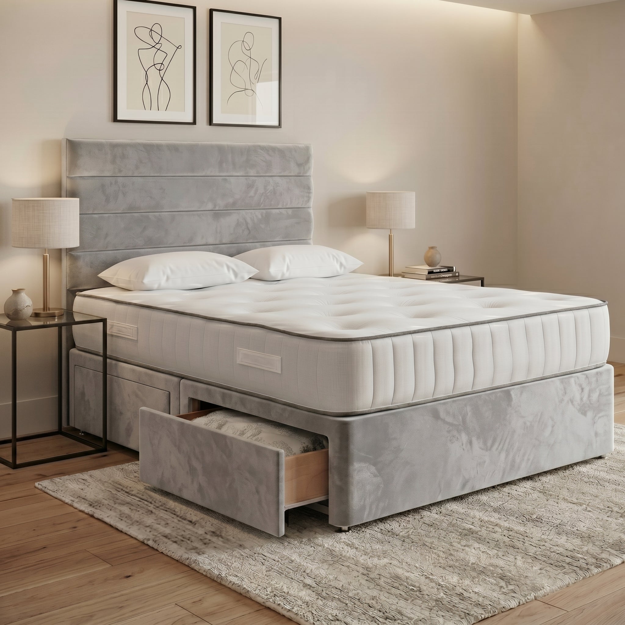 Luxury Horizontal Panelled Divan Bed with Storage