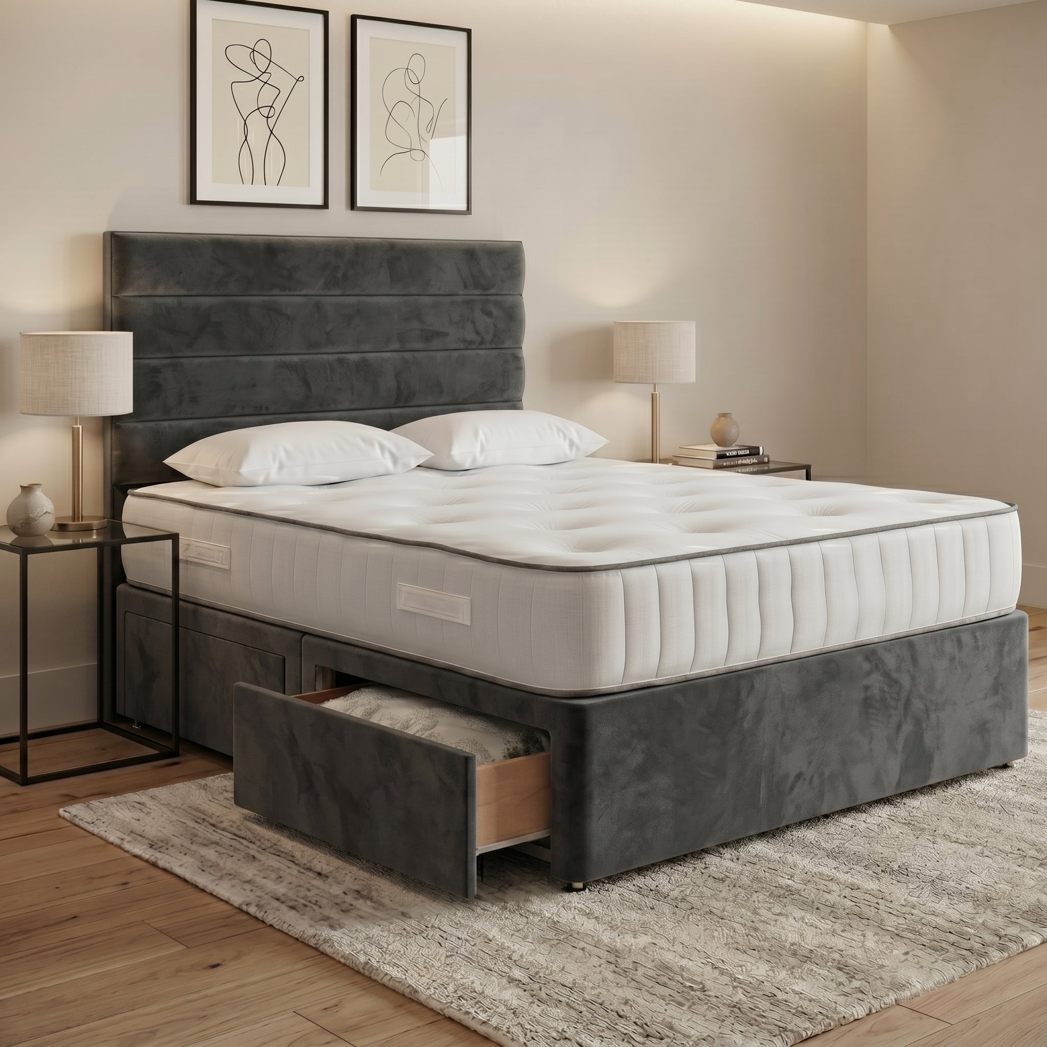 Luxury Horizontal Panelled Divan Bed with Storage