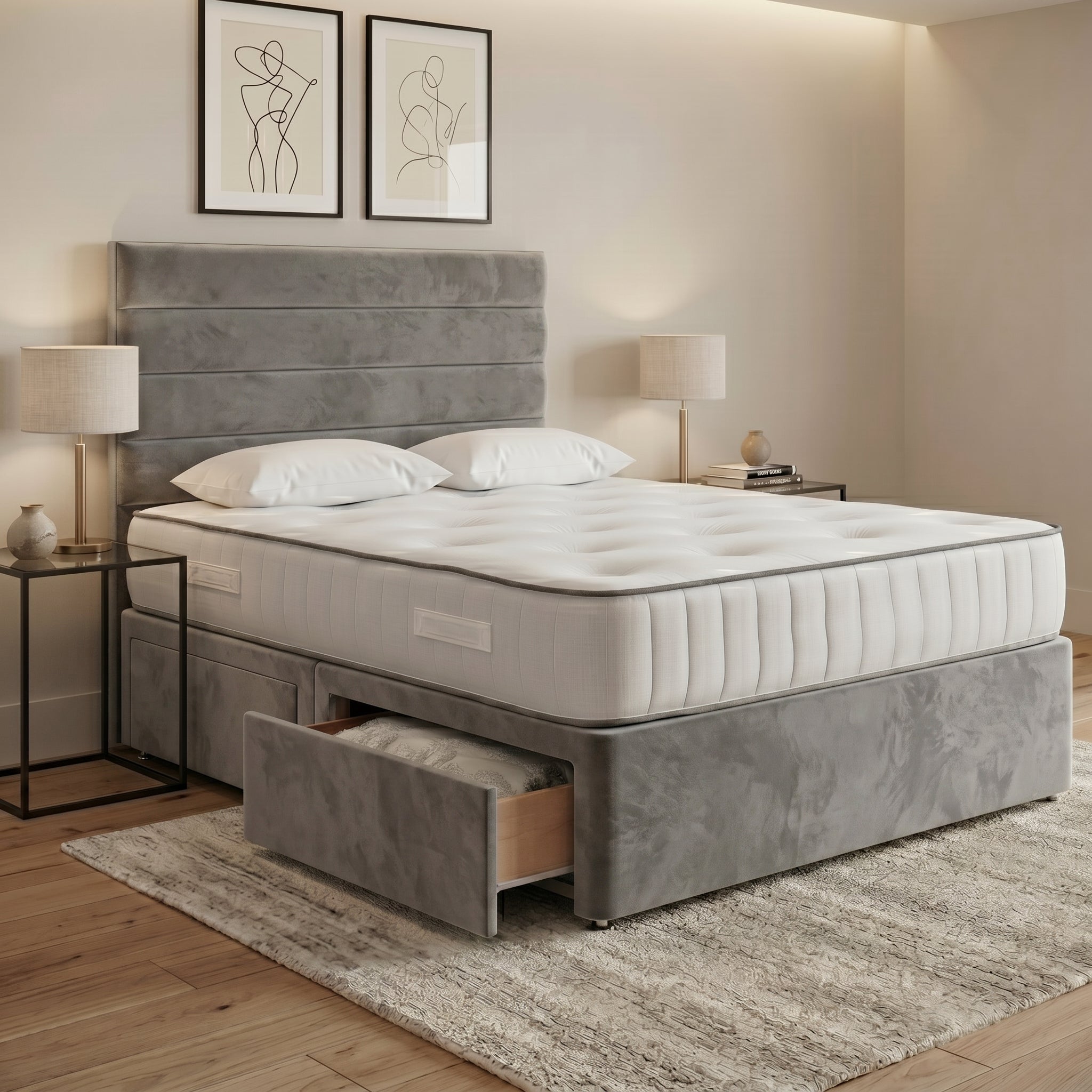 Luxury Horizontal Panelled Divan Bed with Storage