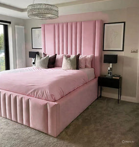 Modern plush velvet bed with 54-inch upholstered headboard from SleepandBeds, showcasing its sleek design and handcrafted details.