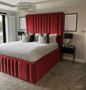Modern plush velvet bed with a 54-inch headboard, featuring sleek lines and handcrafted details, by SleepandBeds.