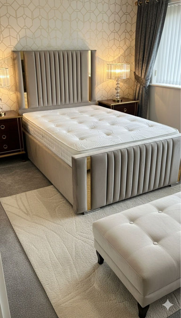 Strip Line Bed with Design Footboard | Plush Velvet Bed with 54” Headboard