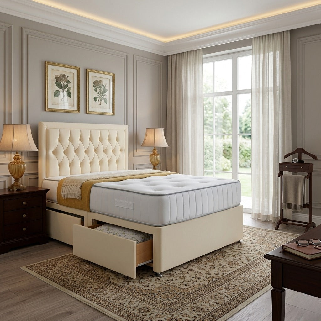 SleepandBeds Brooklyn Divan Bed Frame in single, double, king, and super king sizes, showcasing a modern upholstered bed design.