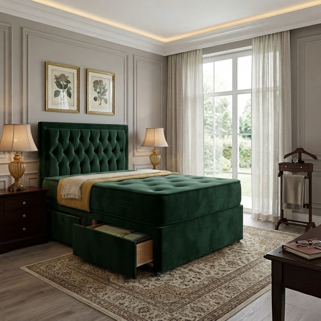 A stylish Brooklyn divan bed frame in a modern bedroom setting, available in single, double, king, and super king sizes.