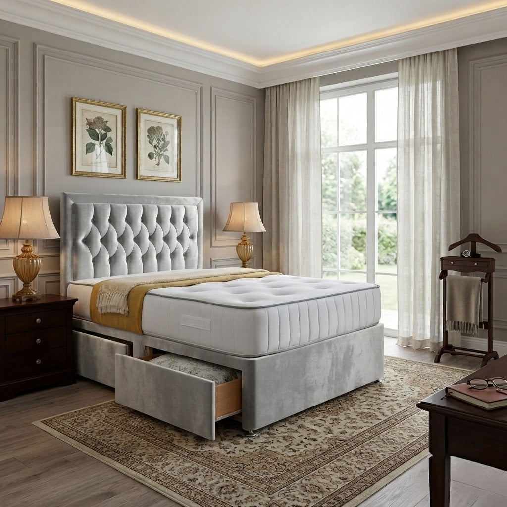 SleepandBeds Brooklyn Divan Bed Frame in single, double, king, and super king sizes, shown in a modern bedroom setting.