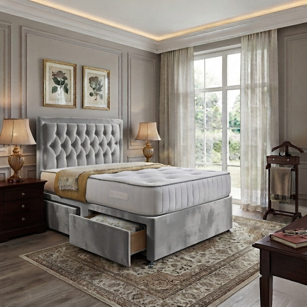 SleepandBeds Brooklyn divan bed frame in single, double, king, and super king sizes, shown in a modern bedroom setting.