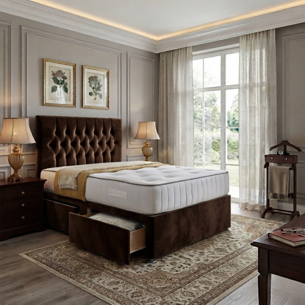 SleepandBeds Brooklyn Divan Bed Frame in single, double, king, or super king sizes with a sleek upholstered design.