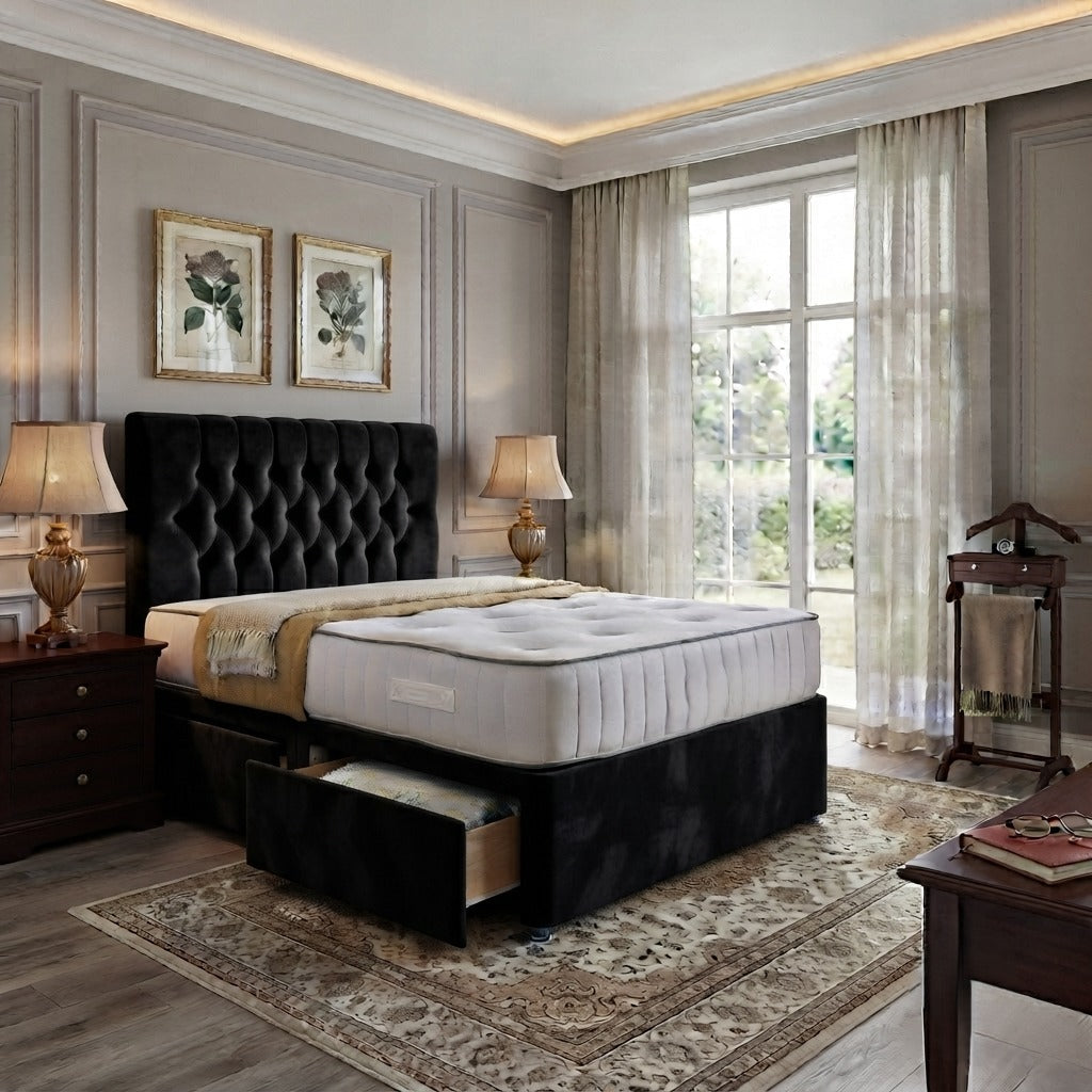 SleepandBeds Brooklyn Divan Bed Frame in single, double, king, and super king sizes, shown with upholstered fabric and storage drawers.