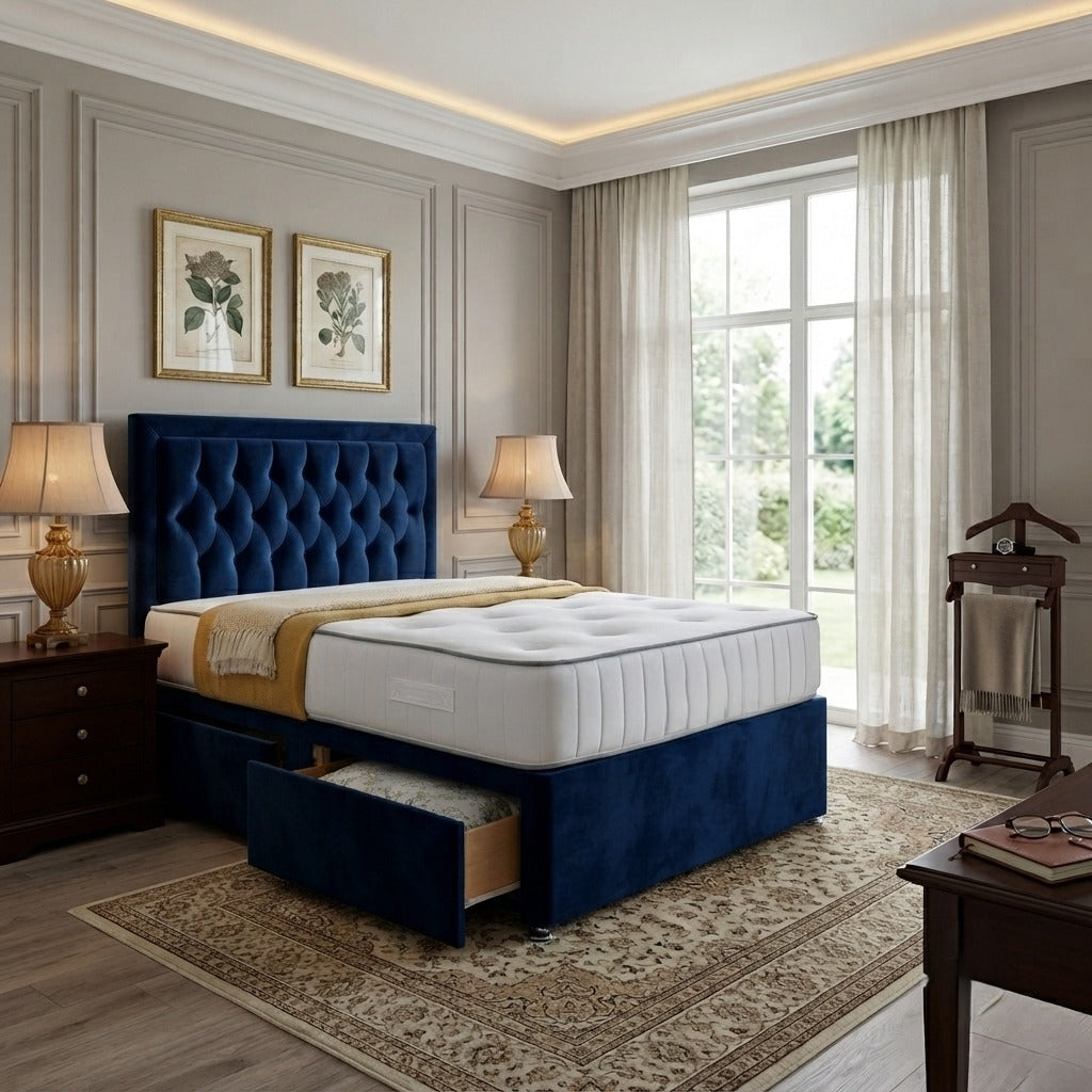 SleepandBeds Brooklyn Divan Bed Frame in single, double, king, and super king sizes, shown with fabric upholstery and wooden legs.