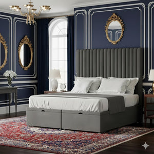 Black piping upholstered bed frame in various sizes from SleepandBeds, featuring a sleek, padded design with a stylish headboard.