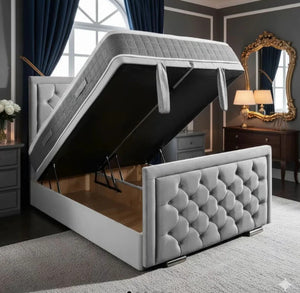 Luxury princess-style bumper ottoman divan bed by SleepandBeds with plush fabric and storage drawers, showcasing elegant design and comfort.